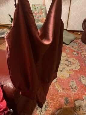 Lulu's Dusty Rose Brown Satin Cowel neck bodysuit, Size S